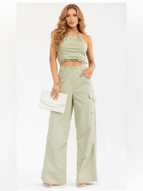 276. Annie SLEEVELESS CROP TOP & BUTTON CLOSURE PANTS SOLID 2PC. SET